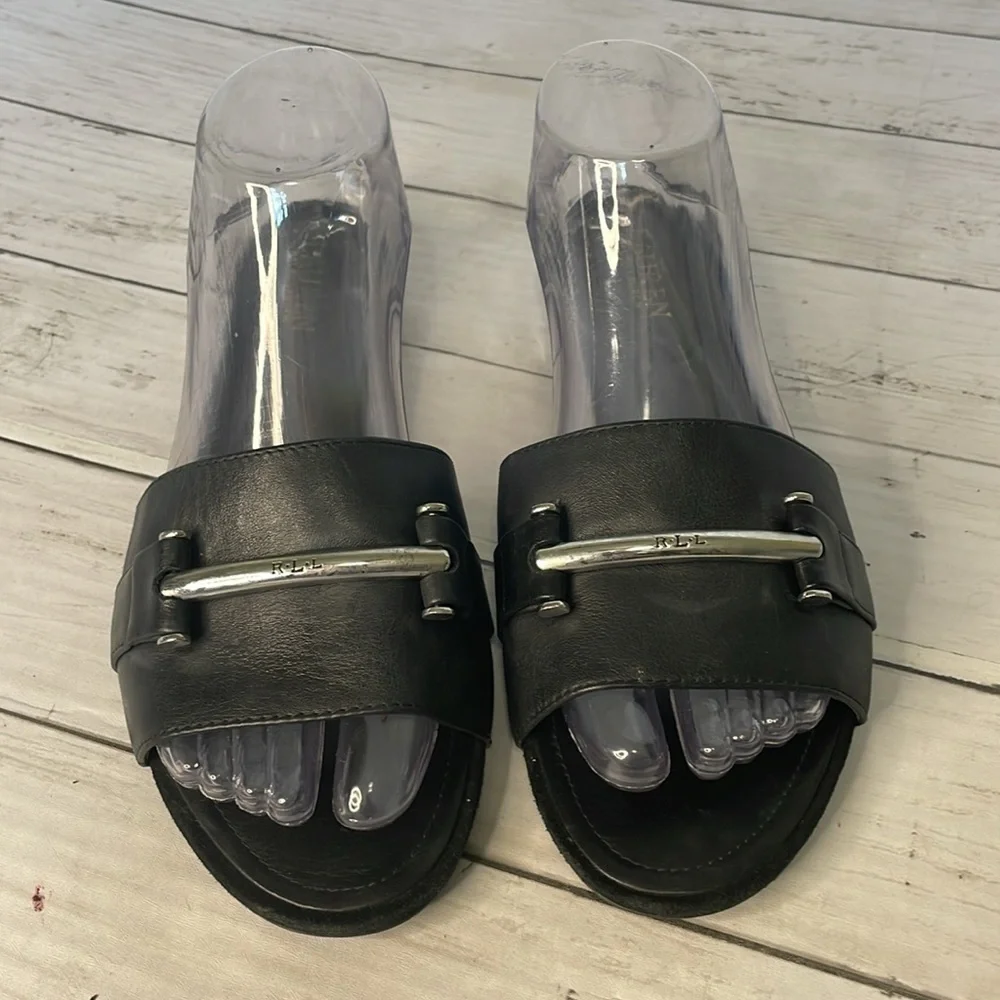 Lauren Ralph Lauren Davan Black Slide Sandal with LRL Silver Signature B…